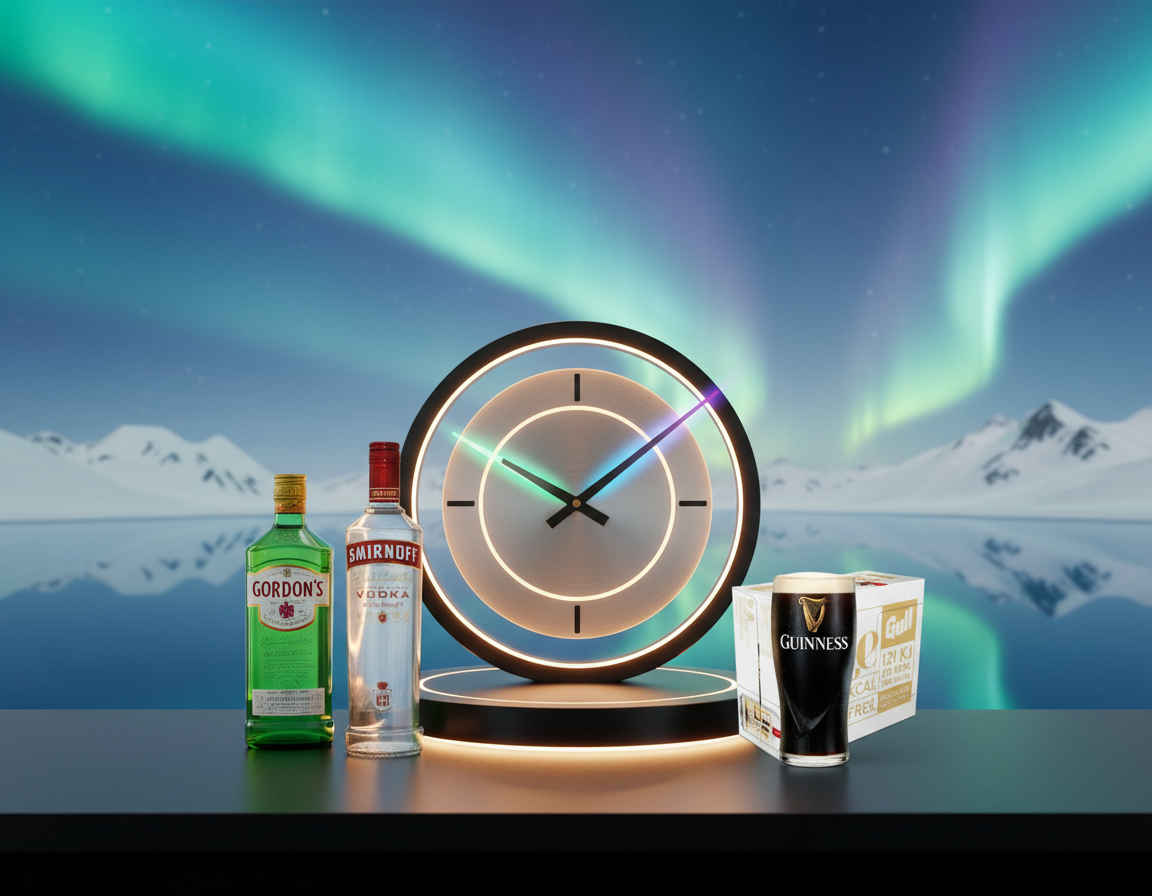 Bright opening hours image with Icelandic theme and products